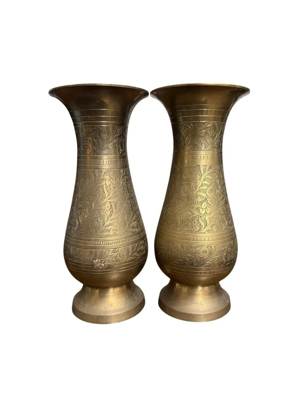 Vintage‎ hand engraved brass bud vase pair floral etched 7 inch décor